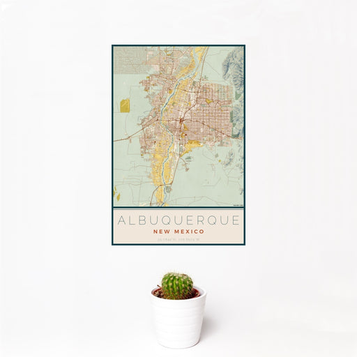 12x18 Albuquerque New Mexico Map Print Portrait Orientation in Woodblock Style With Small Cactus Plant in White Planter