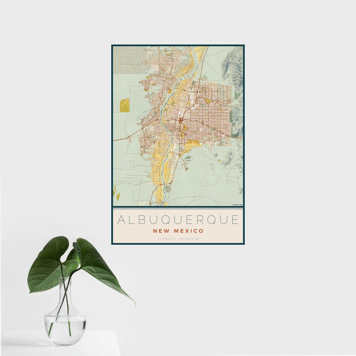 16x24 Albuquerque New Mexico Map Print Portrait Orientation in Woodblock Style With Tropical Plant Leaves in Water