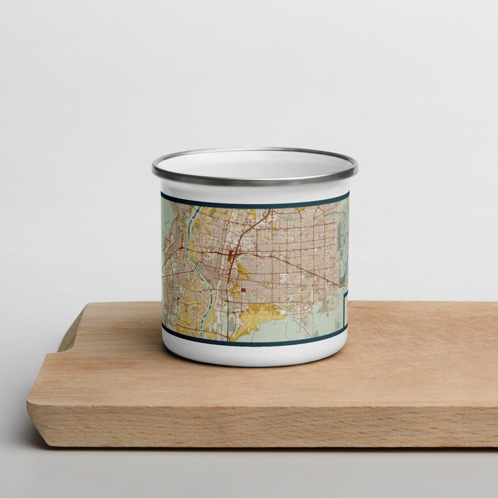 Front View Custom Albuquerque New Mexico Map Enamel Mug in Woodblock on Cutting Board