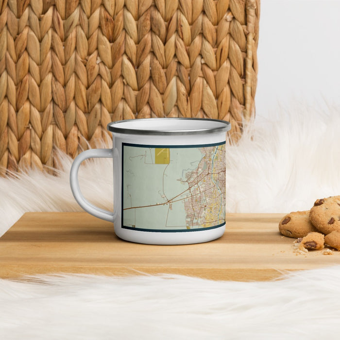Left View Custom Albuquerque New Mexico Map Enamel Mug in Woodblock on Table Top