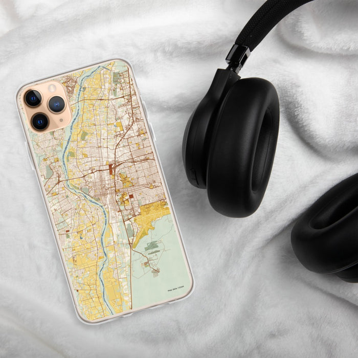 Custom Albuquerque New Mexico Map Phone Case in Woodblock on Table with Black Headphones