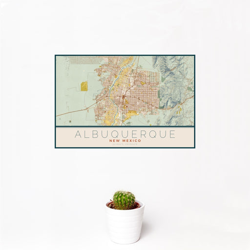 12x18 Albuquerque New Mexico Map Print Landscape Orientation in Woodblock Style With Small Cactus Plant in White Planter