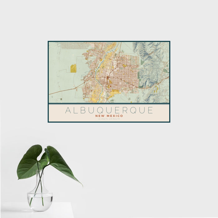 16x24 Albuquerque New Mexico Map Print Landscape Orientation in Woodblock Style With Tropical Plant Leaves in Water