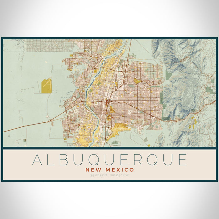 Albuquerque New Mexico Map Print Landscape Orientation in Woodblock Style With Shaded Background