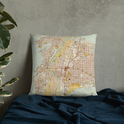 Custom Albuquerque New Mexico Map Throw Pillow in Woodblock on Bedding Against Wall