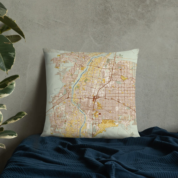 Custom Albuquerque New Mexico Map Throw Pillow in Woodblock on Bedding Against Wall