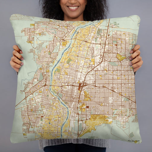 Person holding 22x22 Custom Albuquerque New Mexico Map Throw Pillow in Woodblock