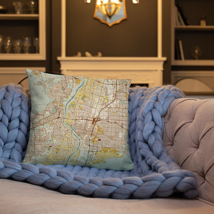 Custom Albuquerque New Mexico Map Throw Pillow in Woodblock on Cream Colored Couch