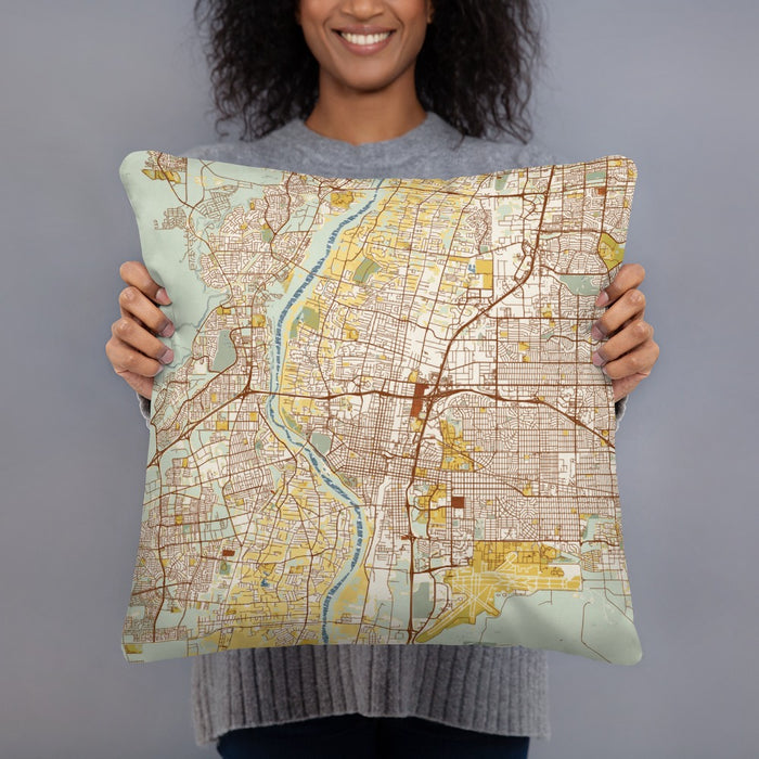 Person holding 18x18 Custom Albuquerque New Mexico Map Throw Pillow in Woodblock