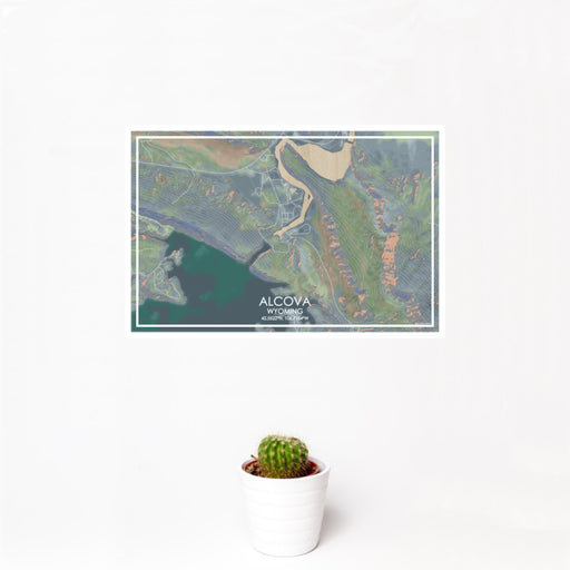 12x18 Alcova Wyoming Map Print Landscape Orientation in Afternoon Style With Small Cactus Plant in White Planter