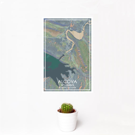 12x18 Alcova Wyoming Map Print Portrait Orientation in Afternoon Style With Small Cactus Plant in White Planter