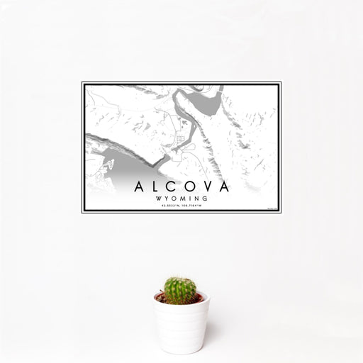 12x18 Alcova Wyoming Map Print Landscape Orientation in Classic Style With Small Cactus Plant in White Planter