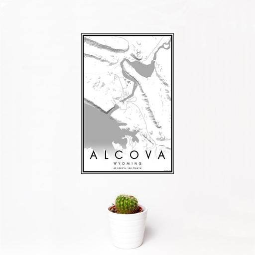 12x18 Alcova Wyoming Map Print Portrait Orientation in Classic Style With Small Cactus Plant in White Planter