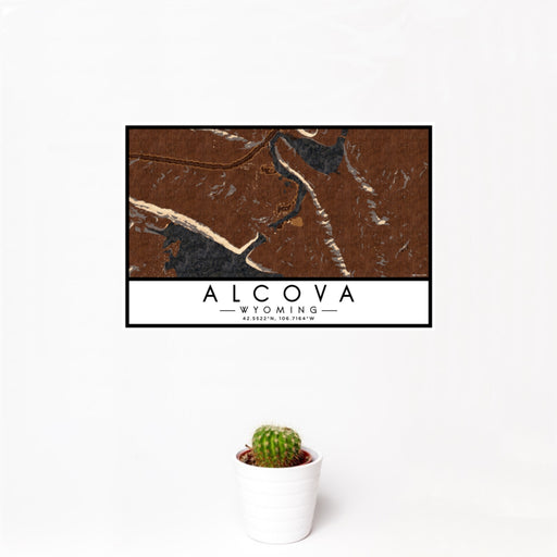 12x18 Alcova Wyoming Map Print Landscape Orientation in Ember Style With Small Cactus Plant in White Planter