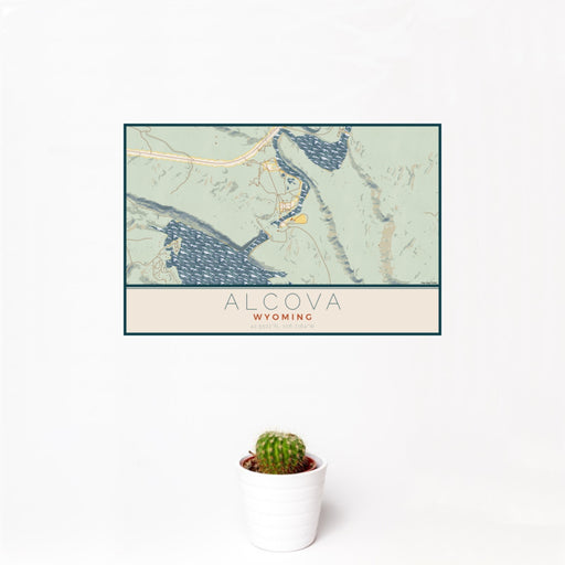 12x18 Alcova Wyoming Map Print Landscape Orientation in Woodblock Style With Small Cactus Plant in White Planter