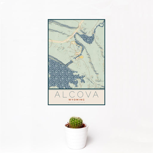 12x18 Alcova Wyoming Map Print Portrait Orientation in Woodblock Style With Small Cactus Plant in White Planter