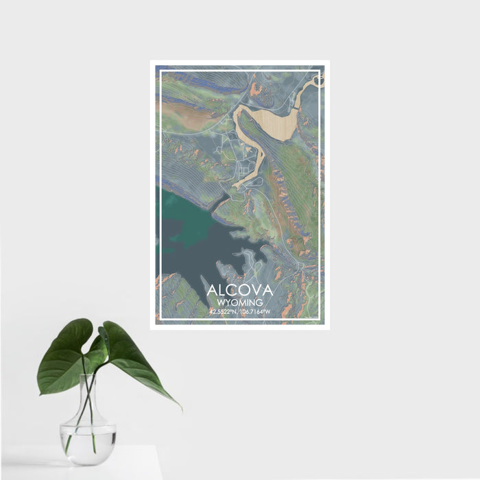 16x24 Alcova Wyoming Map Print Portrait Orientation in Afternoon Style With Tropical Plant Leaves in Water