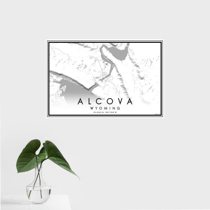 16x24 Alcova Wyoming Map Print Landscape Orientation in Classic Style With Tropical Plant Leaves in Water