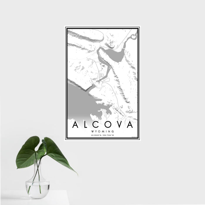 16x24 Alcova Wyoming Map Print Portrait Orientation in Classic Style With Tropical Plant Leaves in Water