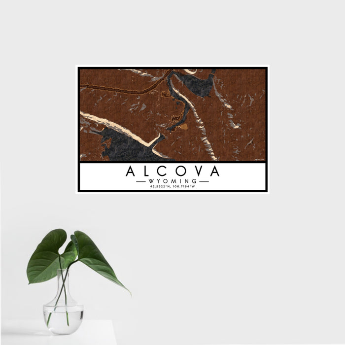16x24 Alcova Wyoming Map Print Landscape Orientation in Ember Style With Tropical Plant Leaves in Water