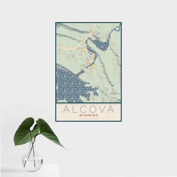 16x24 Alcova Wyoming Map Print Portrait Orientation in Woodblock Style With Tropical Plant Leaves in Water