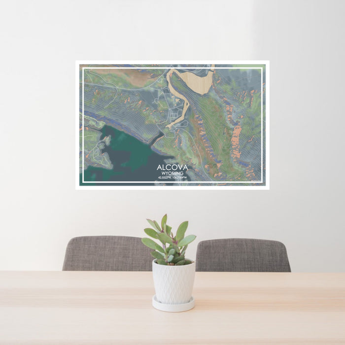 24x36 Alcova Wyoming Map Print Lanscape Orientation in Afternoon Style Behind 2 Chairs Table and Potted Plant