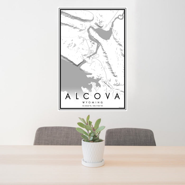 24x36 Alcova Wyoming Map Print Portrait Orientation in Classic Style Behind 2 Chairs Table and Potted Plant