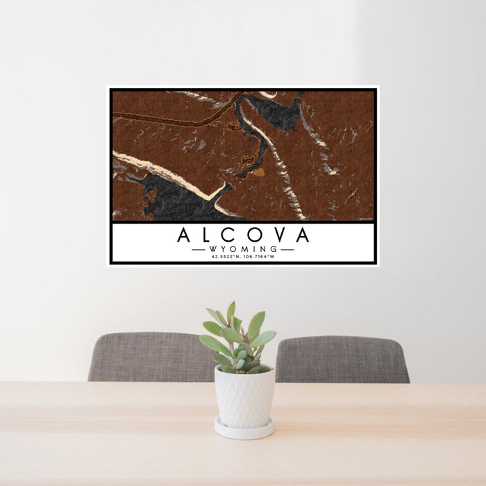24x36 Alcova Wyoming Map Print Lanscape Orientation in Ember Style Behind 2 Chairs Table and Potted Plant