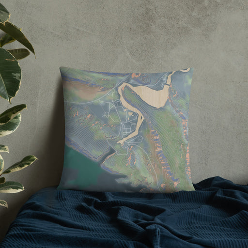 Custom Alcova Wyoming Map Throw Pillow in Afternoon on Bedding Against Wall