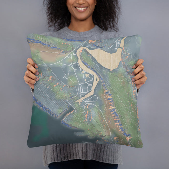 Person holding 18x18 Custom Alcova Wyoming Map Throw Pillow in Afternoon
