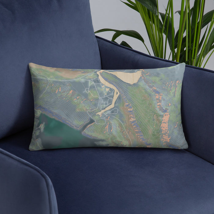 Custom Alcova Wyoming Map Throw Pillow in Afternoon on Blue Colored Chair