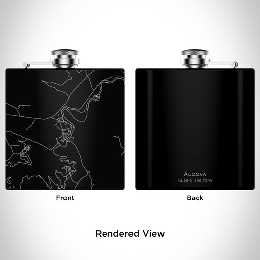 Rendered View of Alcova Wyoming Map Engraving on 6oz Stainless Steel Flask in Black