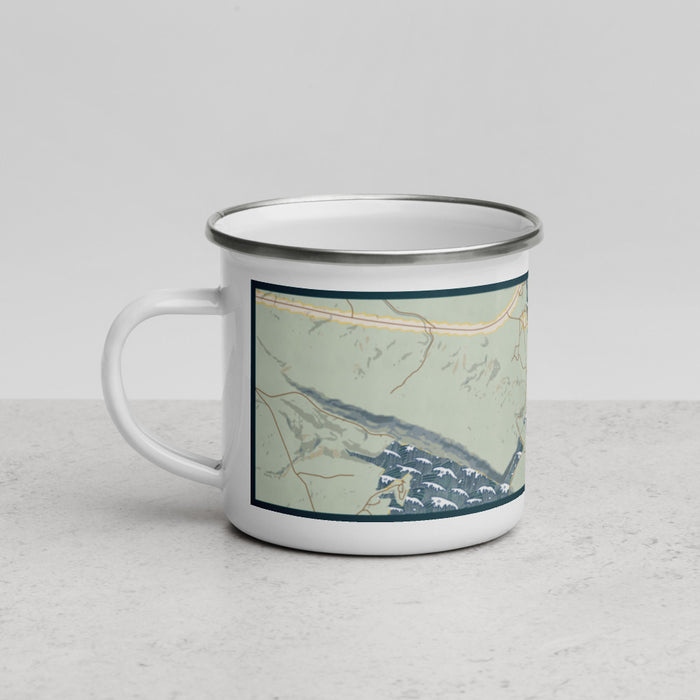 Left View Custom Alcova Wyoming Map Enamel Mug in Woodblock