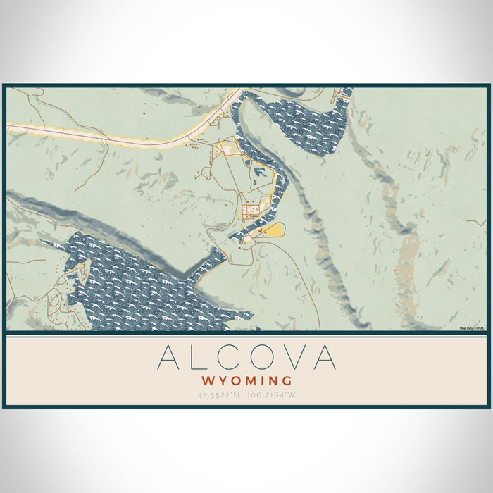 Alcova Wyoming Map Print Landscape Orientation in Woodblock Style With Shaded Background