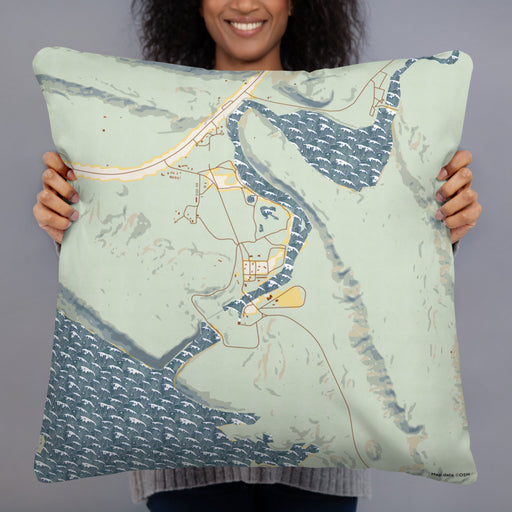 Person holding 22x22 Custom Alcova Wyoming Map Throw Pillow in Woodblock