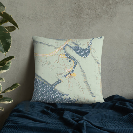 Custom Alcova Wyoming Map Throw Pillow in Woodblock on Bedding Against Wall