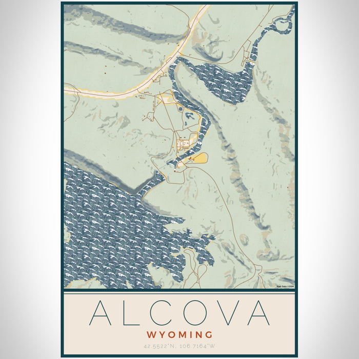 Alcova Wyoming Map Print Portrait Orientation in Woodblock Style With Shaded Background
