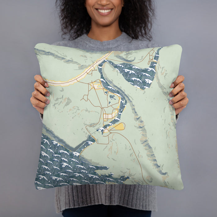 Person holding 18x18 Custom Alcova Wyoming Map Throw Pillow in Woodblock