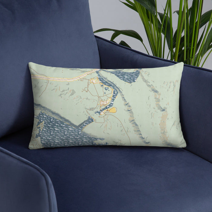 Custom Alcova Wyoming Map Throw Pillow in Woodblock on Blue Colored Chair