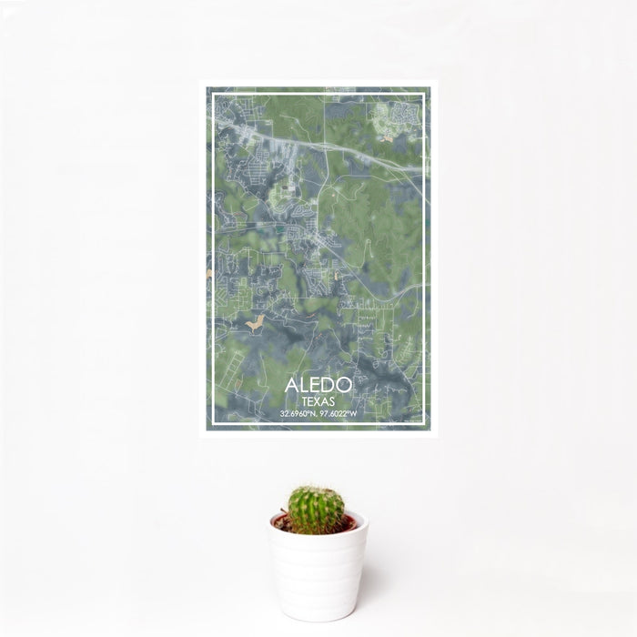 12x18 Aledo Texas Map Print Portrait Orientation in Afternoon Style With Small Cactus Plant in White Planter