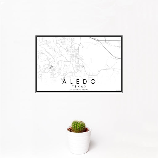 12x18 Aledo Texas Map Print Landscape Orientation in Classic Style With Small Cactus Plant in White Planter