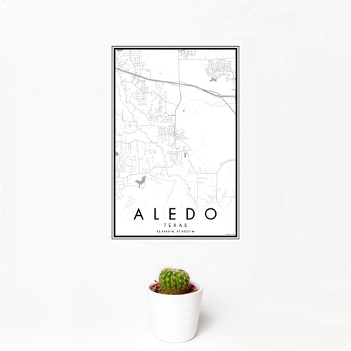 12x18 Aledo Texas Map Print Portrait Orientation in Classic Style With Small Cactus Plant in White Planter