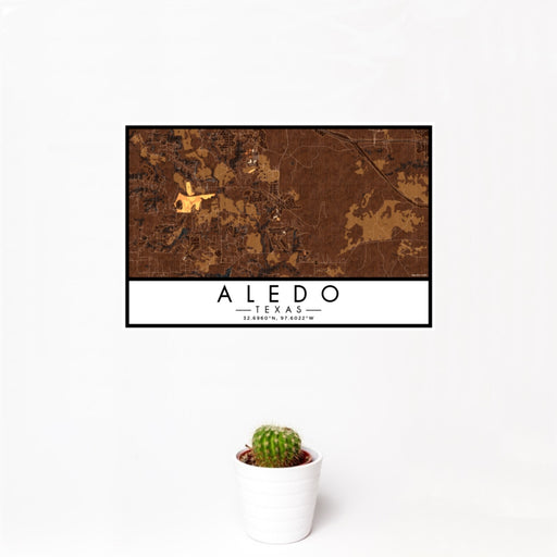 12x18 Aledo Texas Map Print Landscape Orientation in Ember Style With Small Cactus Plant in White Planter