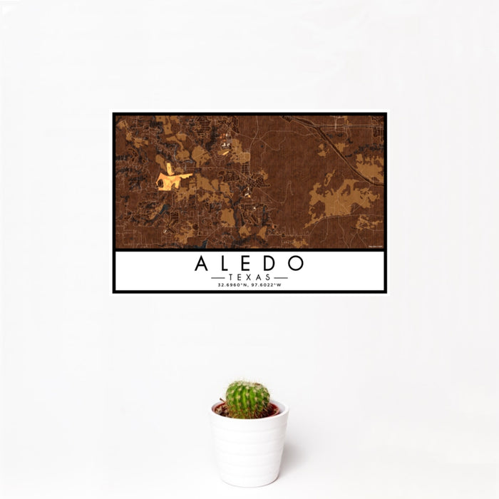 12x18 Aledo Texas Map Print Landscape Orientation in Ember Style With Small Cactus Plant in White Planter
