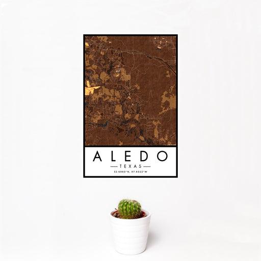 12x18 Aledo Texas Map Print Portrait Orientation in Ember Style With Small Cactus Plant in White Planter
