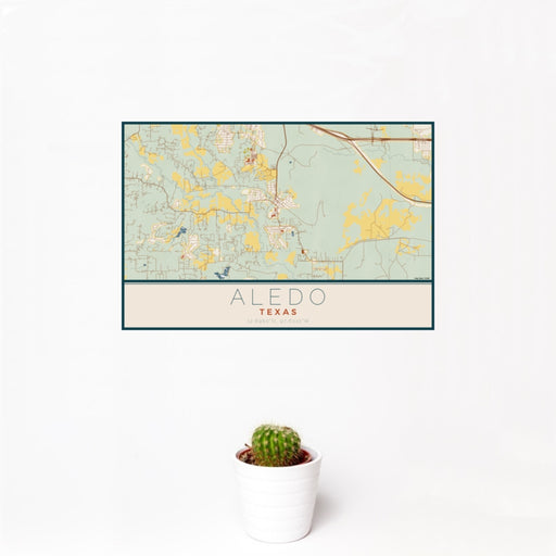 12x18 Aledo Texas Map Print Landscape Orientation in Woodblock Style With Small Cactus Plant in White Planter