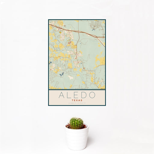 12x18 Aledo Texas Map Print Portrait Orientation in Woodblock Style With Small Cactus Plant in White Planter