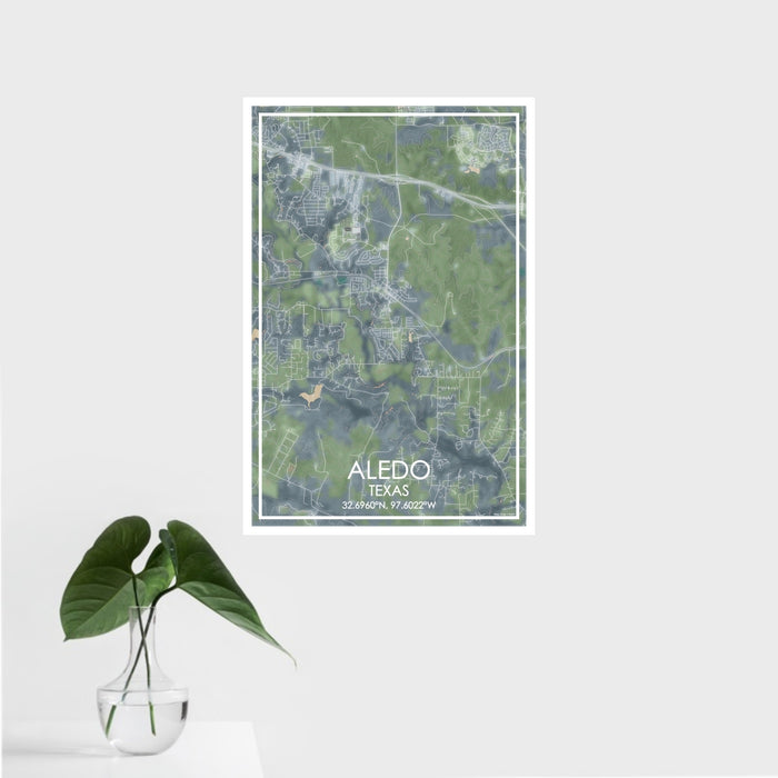 16x24 Aledo Texas Map Print Portrait Orientation in Afternoon Style With Tropical Plant Leaves in Water