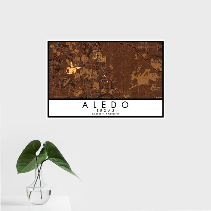 16x24 Aledo Texas Map Print Landscape Orientation in Ember Style With Tropical Plant Leaves in Water