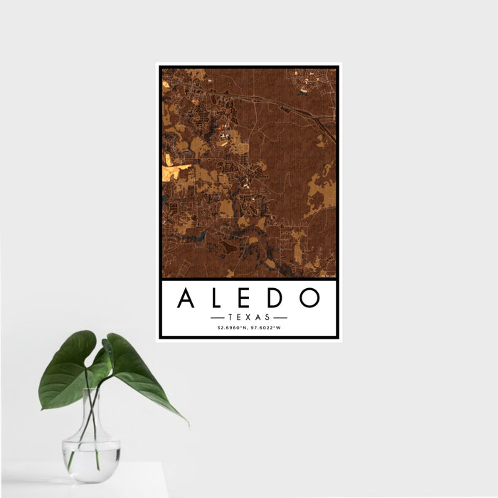 16x24 Aledo Texas Map Print Portrait Orientation in Ember Style With Tropical Plant Leaves in Water